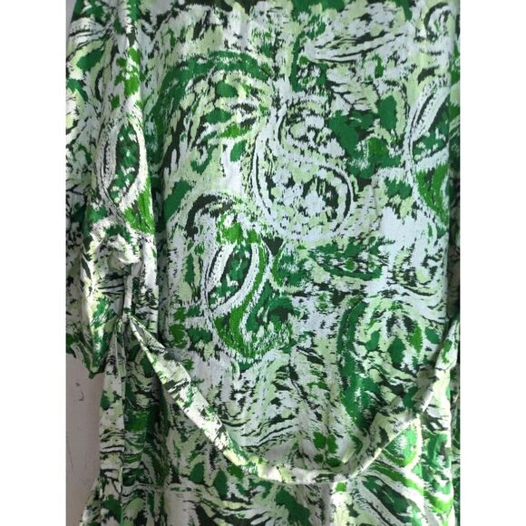 Zara Green White Black Print Linen Blend Bubble Sleeve Tie Front Kimono sz Large - Picture 4 of 8